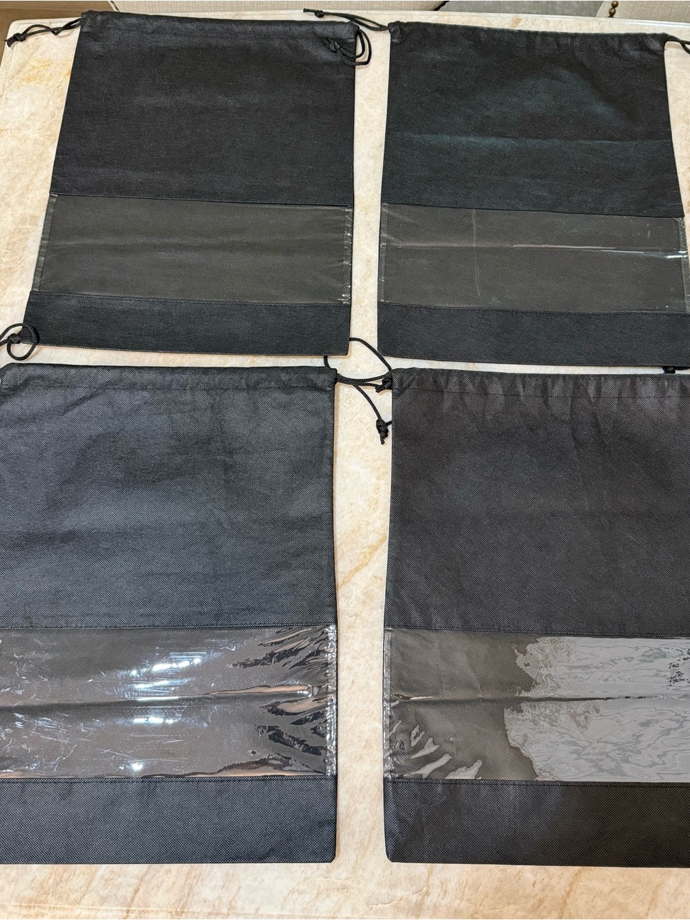 Set of 4 Black Drawstring Shoe Bags with Clear Window